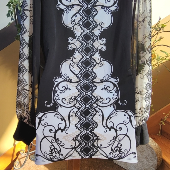 Sheer Sleeve Alfani Top Black White Flowy Dressy Sequin Neck Formal Blouse M - Picture 10 of 12